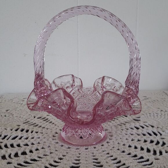 Vintag Fenton Art Glass Pink Glass Ruffled Small Basket Twisted Handle - Picture 3 of 9